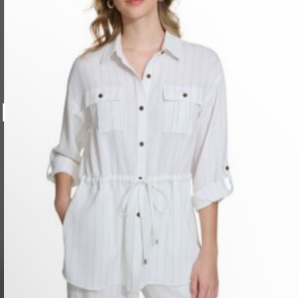 NWT- Calvin Klein Striped Drawstring Waist Tunic Cargo Pants Suit•Size L (12-14) - Picture 2 of 7